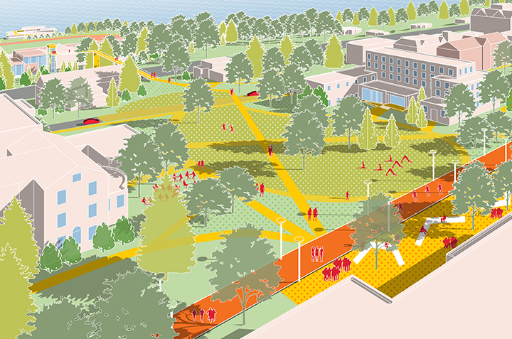 Concept rendering reimagines the open space between Smith-Burdick House, Larrabee House, Katherine Blunt House, and Becker House.