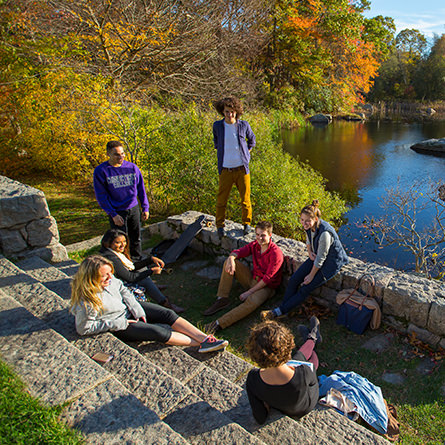 Students chatting on the steps in front of the pond in the Arboretum.