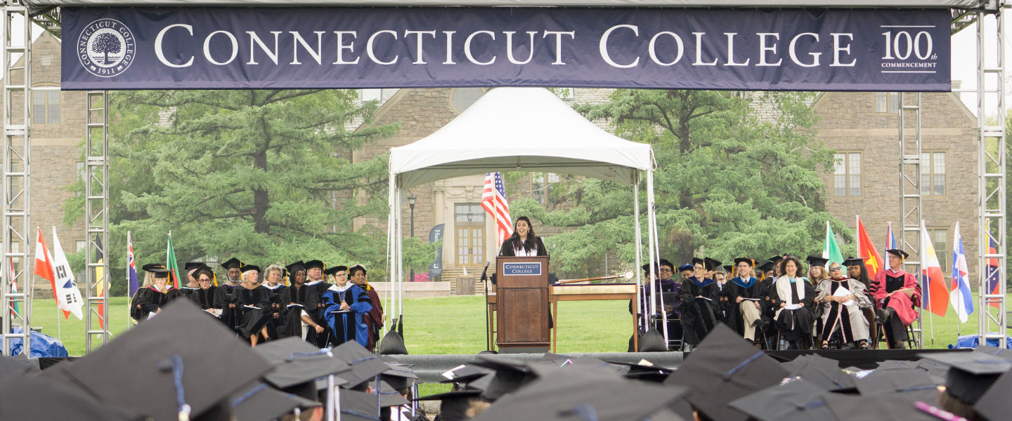Senior Class Speaker Nayla Tohme '18 addresses the Class of 2018 at Connecticut College's 100th Commencement