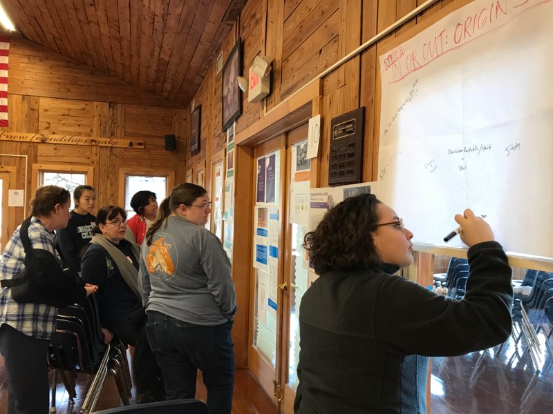 Student writing on a white board while attending a retreat
