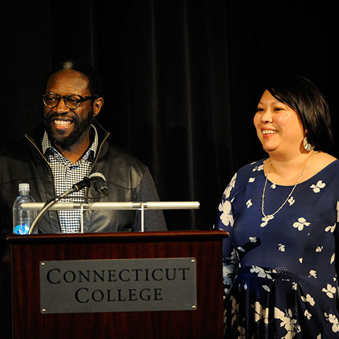 André Robert Lee '93, left, and Liza Talusan '97 at the Connecticut College screening of 