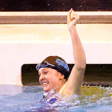 Mary Erb ’20 celebrates moments after finishing first in the 200-yard breaststroke at the 2017 NCAA Division III Swimming and Diving Championships.