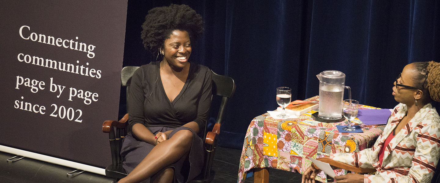 Author Yaa Gyasi speaks about her work with Nathalie Etoke, associate professor of French and Africana studies and associate director of the Center for the Comparative Study of Race and Ethnicity, on the stage of Palmer Auditorium 