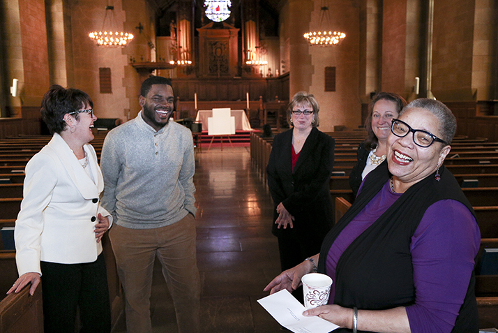 Members of the Office of Religious and Spiritual Life celebrate Claudia Highbaugh's staff award