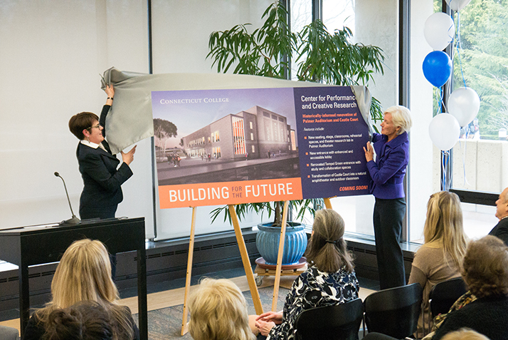 President Katherine Bergeron, left, and Board of Trustee Chair Pamela D. Zilly ’75 unveil a rendering of the new center for performance and creative research.
