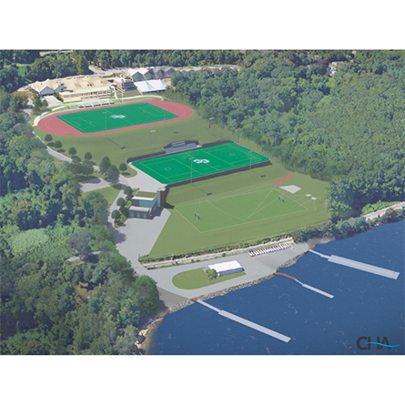 A rendering of future phases of the Waterfront Revitalization Project includes a new waterfront center to support sailing, rowing, marine science and outdoor recreation; a second turf field; and an event plaza. 