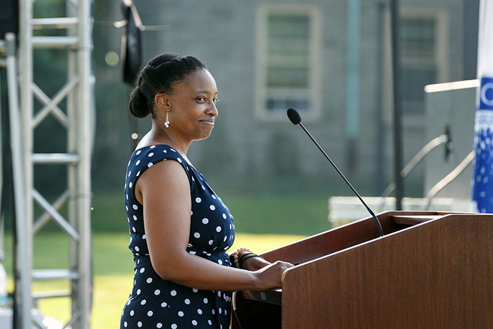 Erika Smith, Conn's new Dean of the College, speaks at the President's Assembly.