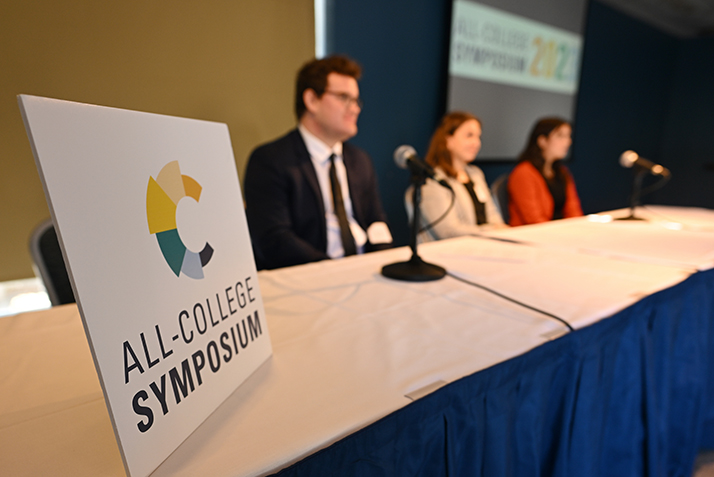 Panelists answer questions at the end of the Media, Rhetoric and Communication Pathway presentations during the All-College Syposium.