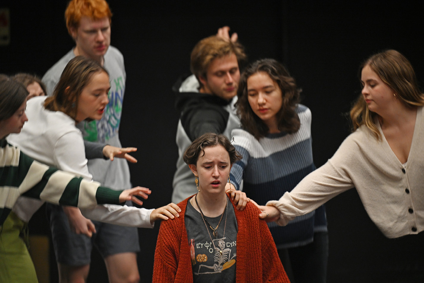 Adjunct Associate Professor of Theater Jessica Cerullo works with her students in her Acting 1 Preparation class.