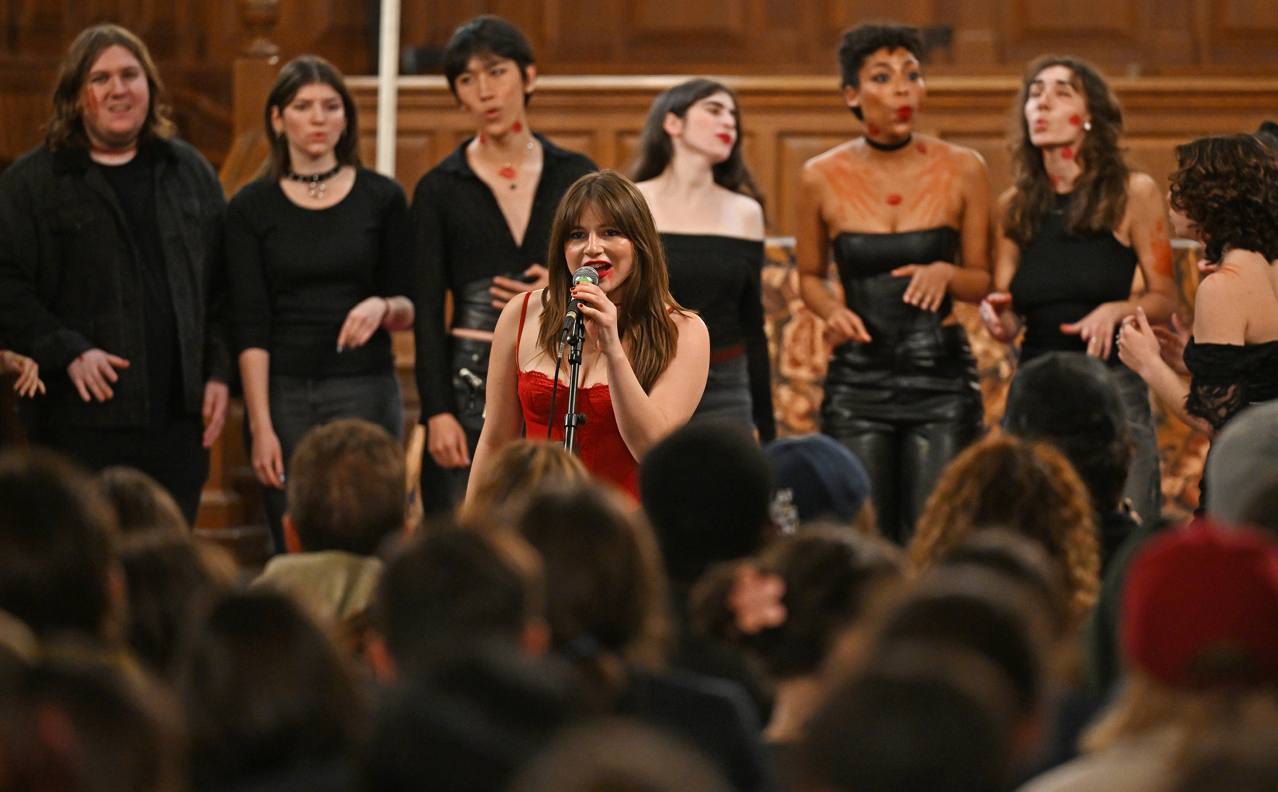 Connecticut College’s seven a cappella groups; Co Co Beaux, Schwiffs, ConnArtists, ConnChords, Vox Cemeli, Willams Street Mix, and Miss Connduct each performed one sung each in a Halloween Battle of the Bands.