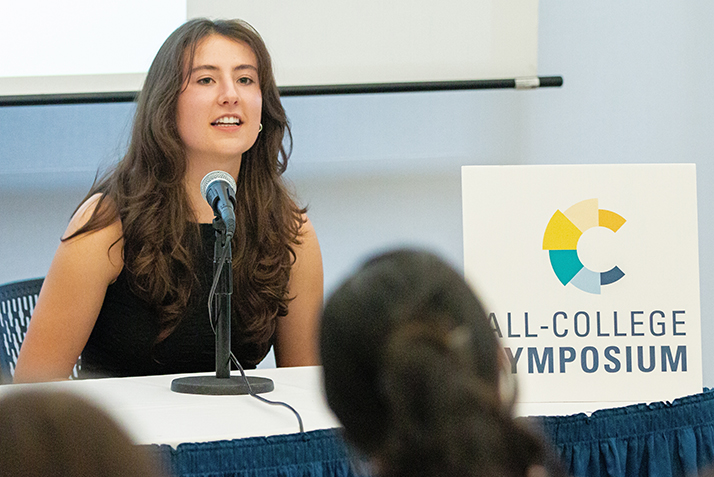 Creativity Pathway scholar Bianca Falcone ’25 answers a question after giving her presentation, “How Can We Enhance Accessibility and Engagement Across Galleries for Neurodiverse Audiences?”